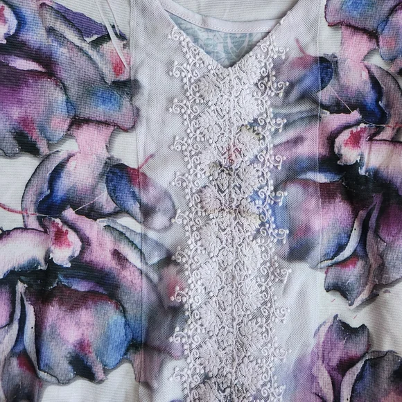 NWT One World Lace V Neck 3/4 Sleeve Stretch Knit Tunic Top Women's 1X Purple - Picture 6 of 12